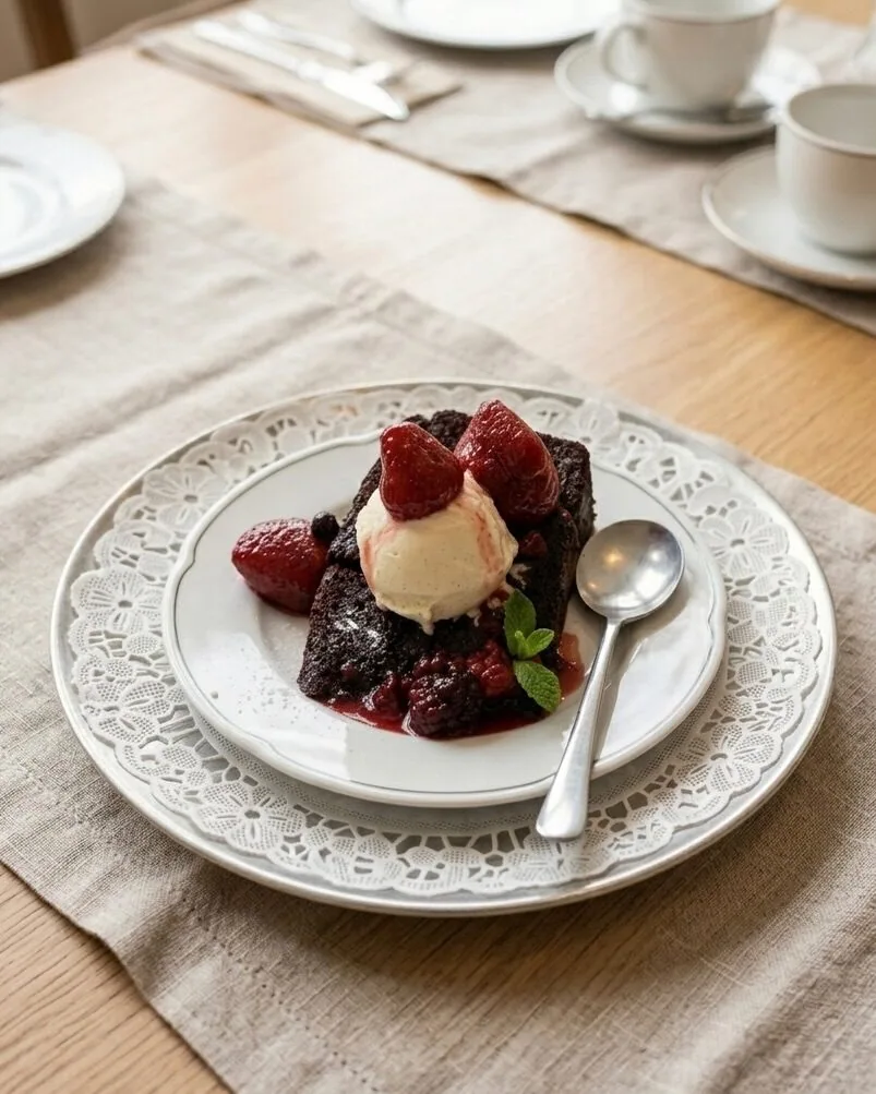 Chocolate brownie with vanilla ice cream and strawberries