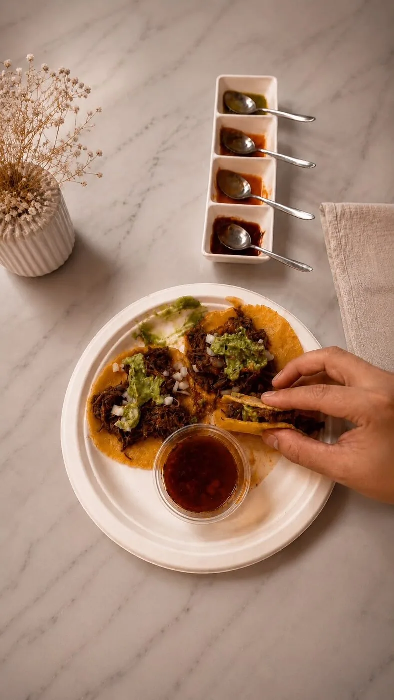 Birria tacos with guacamole and a trio of salsas