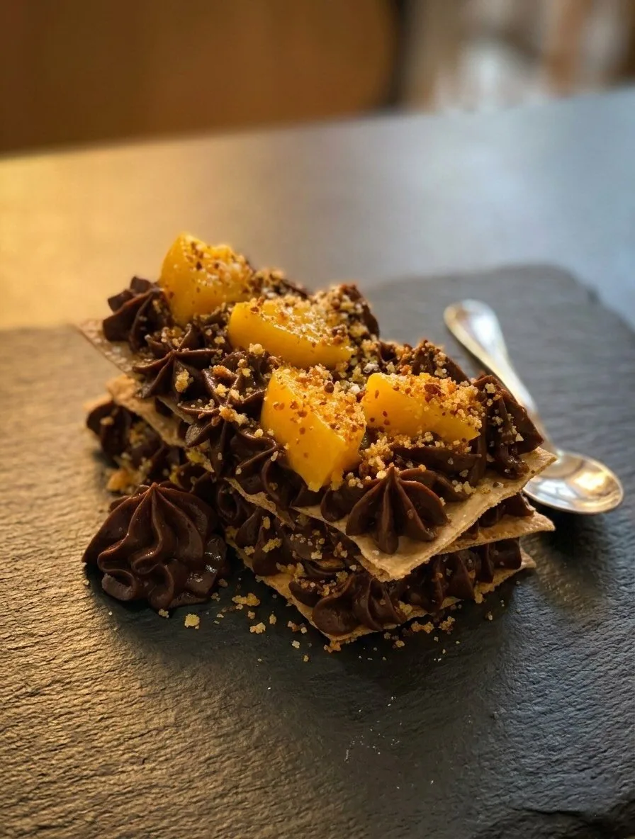 Layered chocolate and mango dessert at Rustic