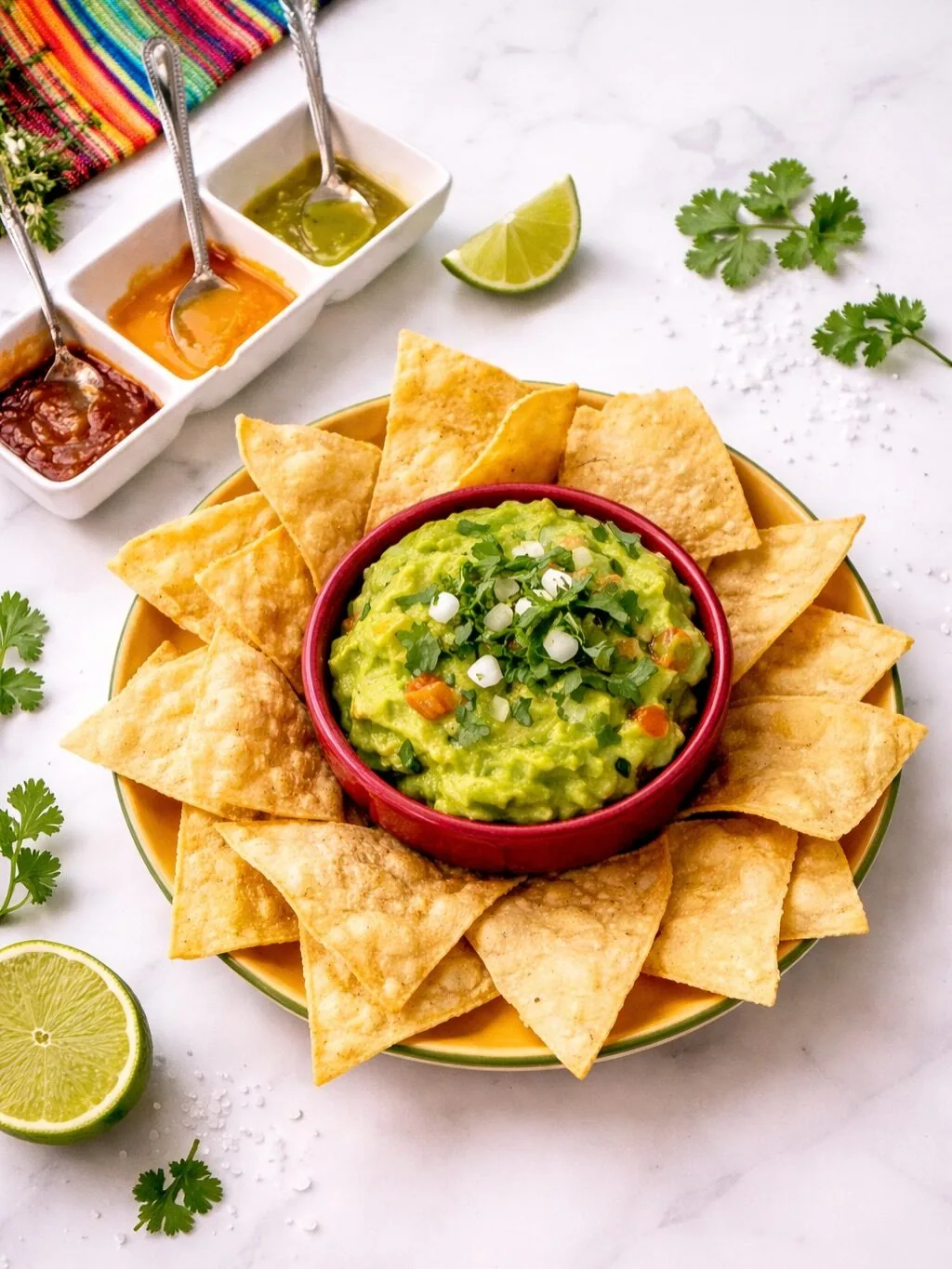 Fresh guacamole with tortilla chips and three salsas