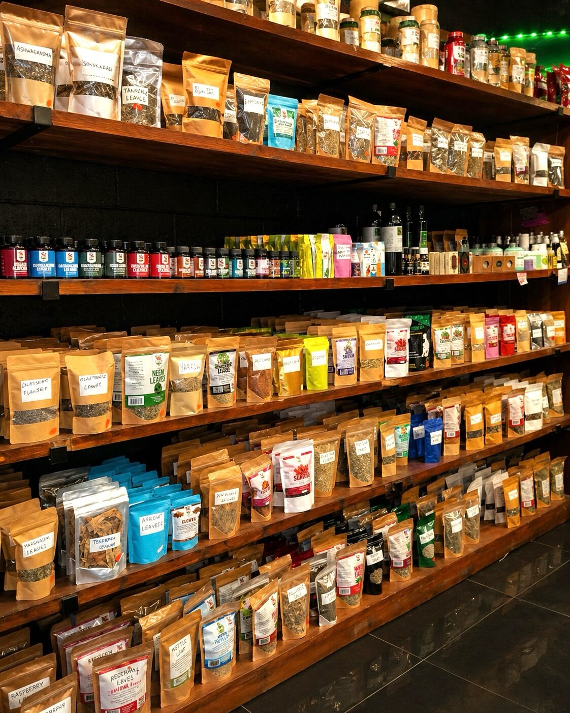 Shelves stacked with herbal remedies at Royal Maroon Herbs