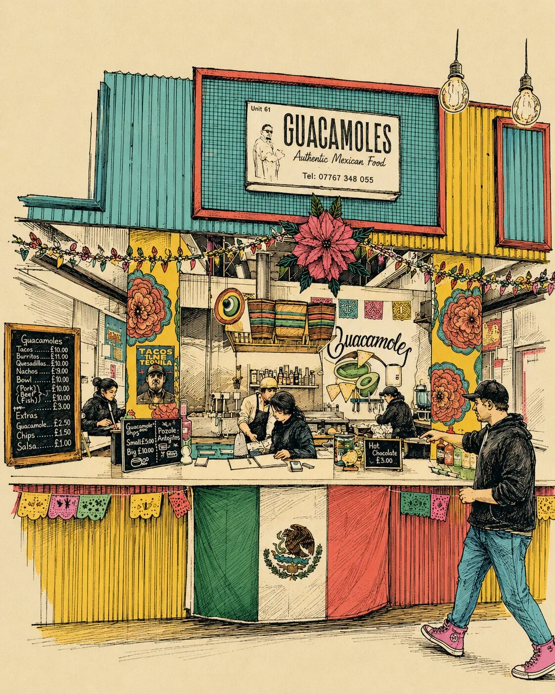 Illustrated shopfront of Guacamoles, Unit 61 at Rye Lane Market