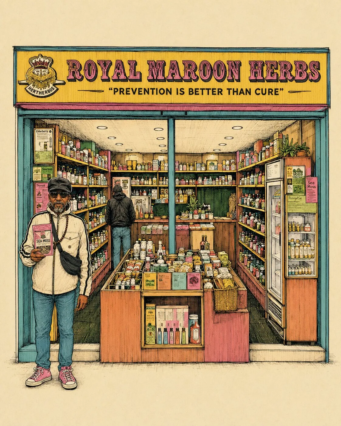 Illustrated shopfront of Royal Maroon Herbs, Unit 24 at Rye Lane Market