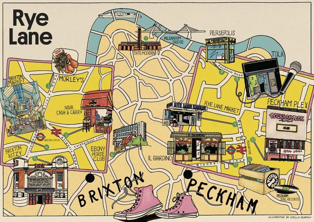 Illustrated map of Rye Lane and Peckham showing Rye Lane Market