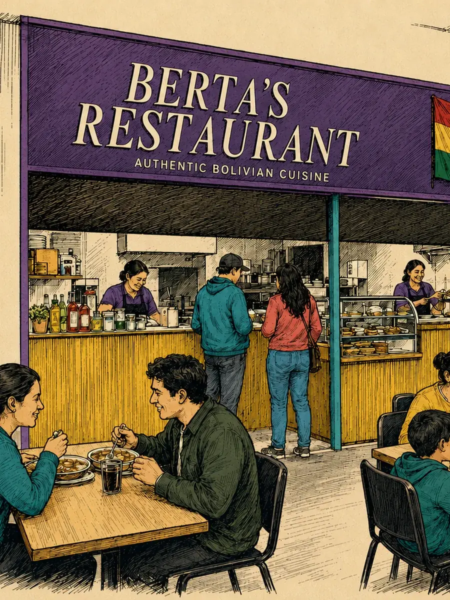 Illustrated shopfront of Berta's Restaurant, Unit 41 at Rye Lane Market
